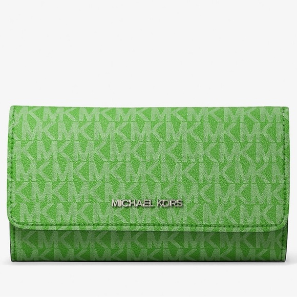 Michael Kors Jet Set Large Signature Logo TriFold Wallet Jungle Green - Picture 1 of 9
